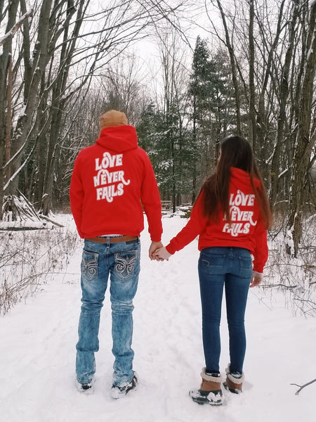 Love Never Fails unisex hoodie 2 sided print matching couple Valentines Day hoodies
