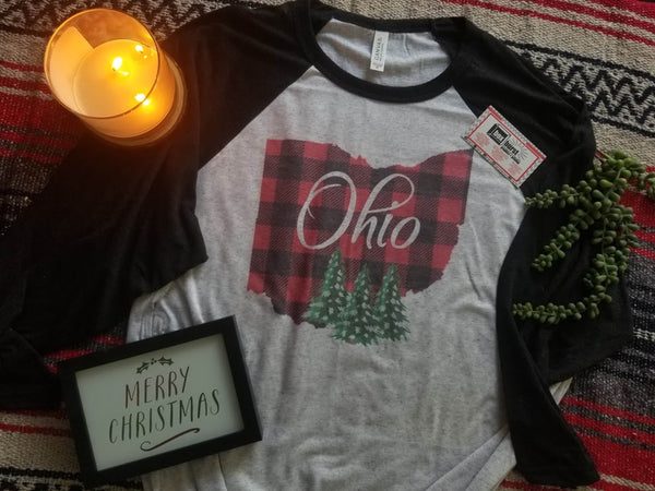 Ohio buffalo plaid w/ Christmas tree baseball unisex raglan tee