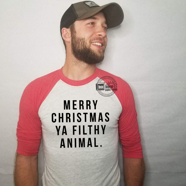 Merry Christmas ya filthy animal Baseball raglan tee