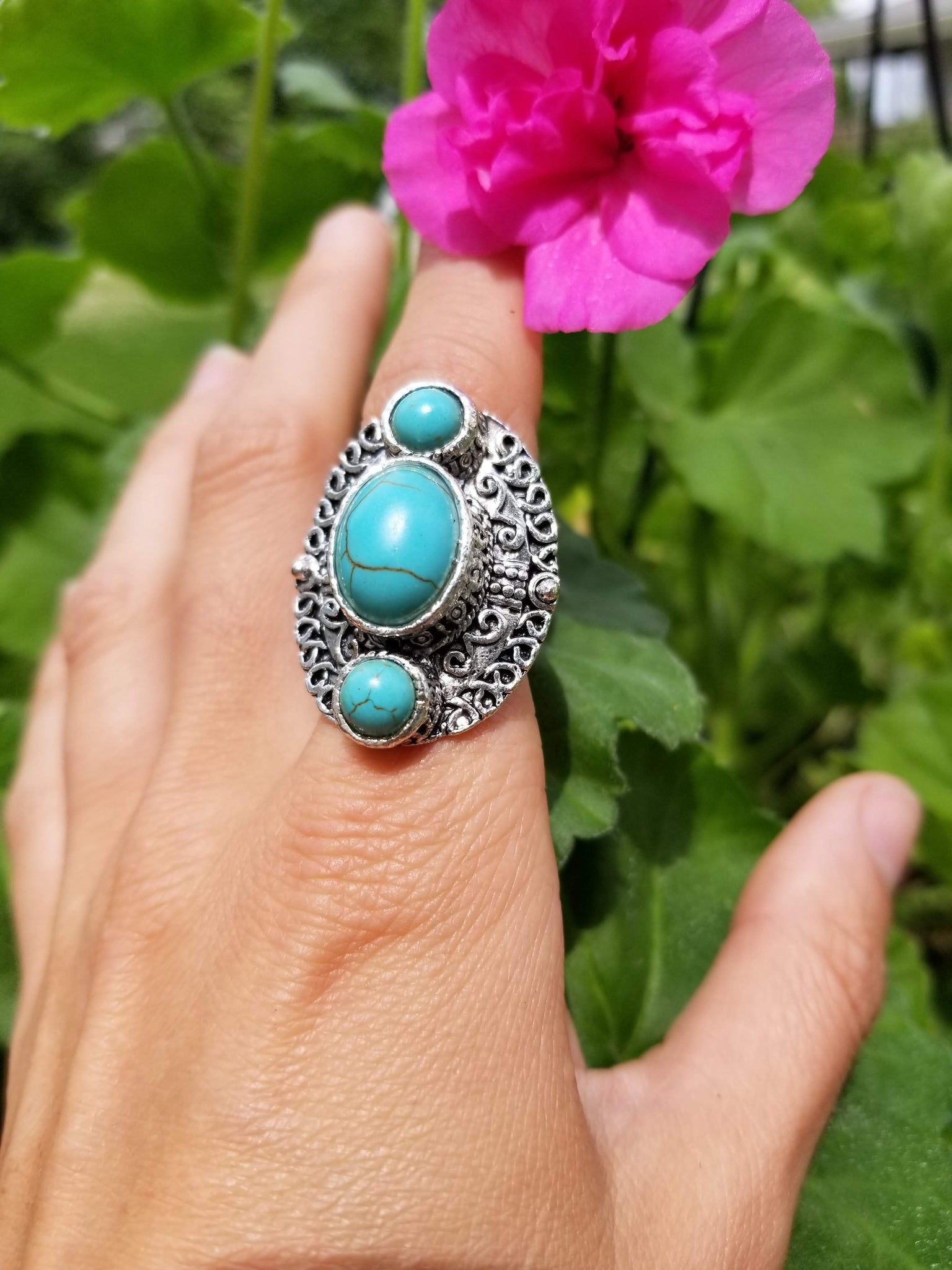 Turquoise Stone 3 stone piece statement Silver Ring