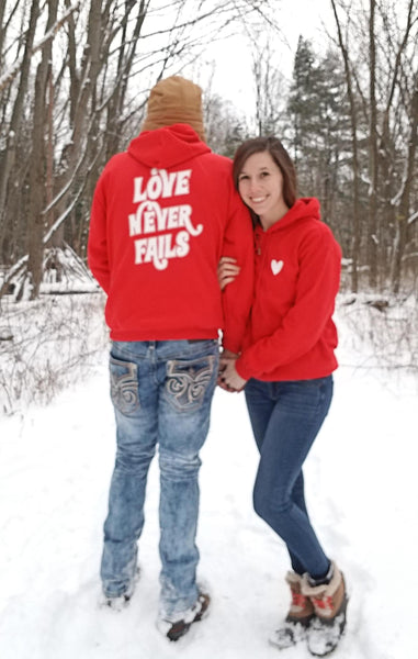 Love Never Fails unisex hoodie 2 sided print matching couple Valentines Day hoodies