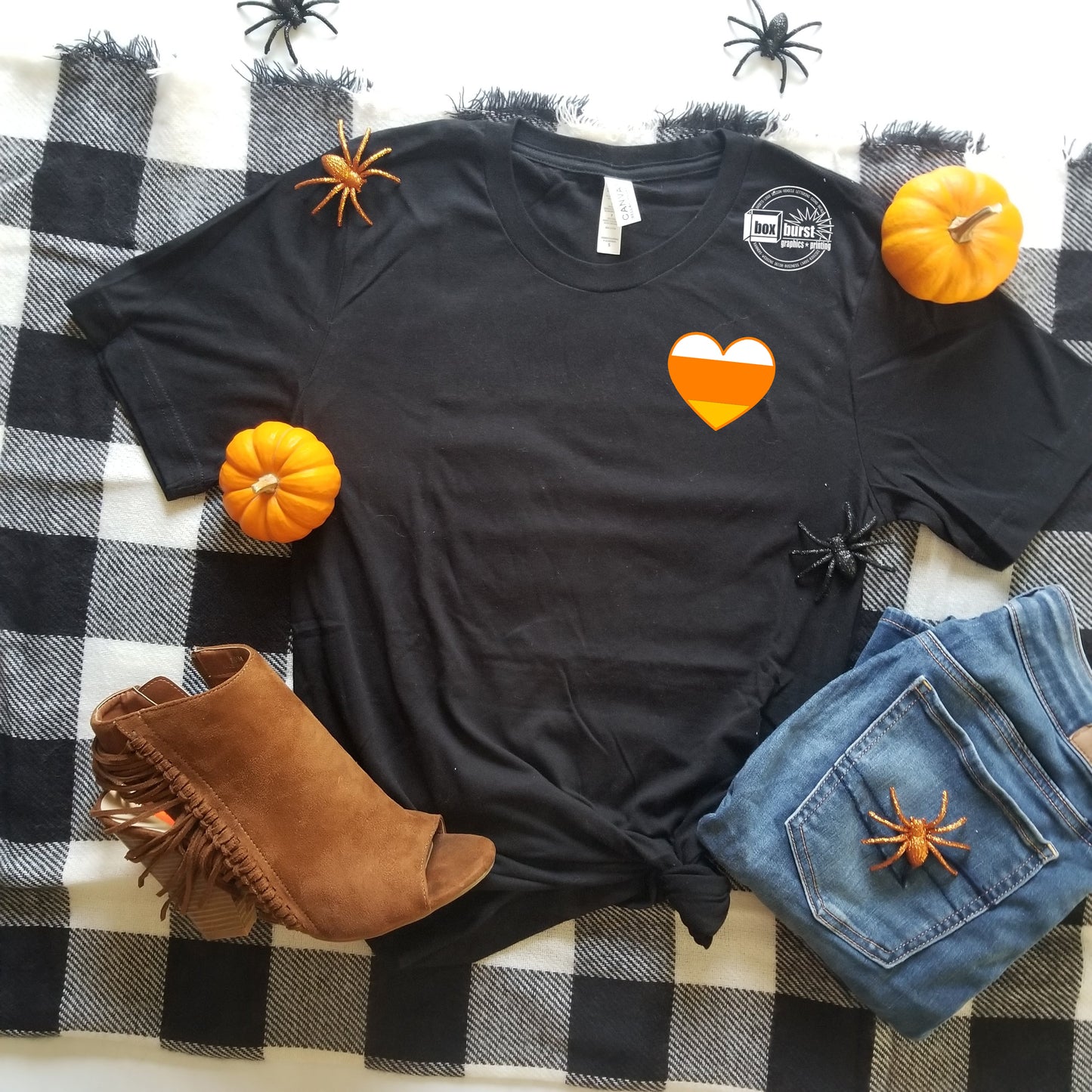 Candy Corn heart chest print Adult Size Bella canvas tee