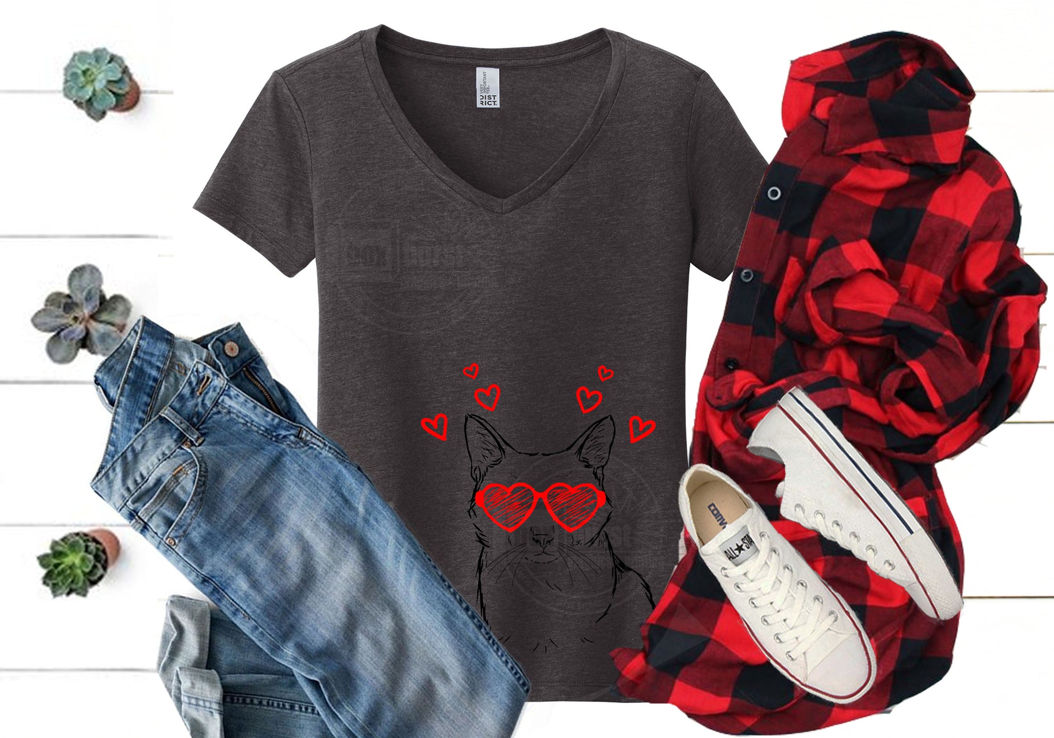 Cat Love two color v neck women's tee
