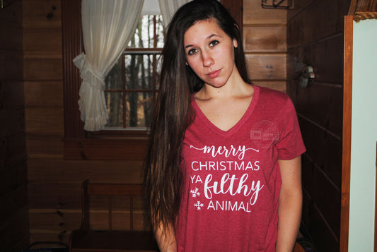 Merry Christmas Ya filthy animal V-neck womens tee