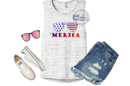MERICA sunglasses women's muscle tank memorial day 4th july muscle tanks SUBLIMATION PRINT