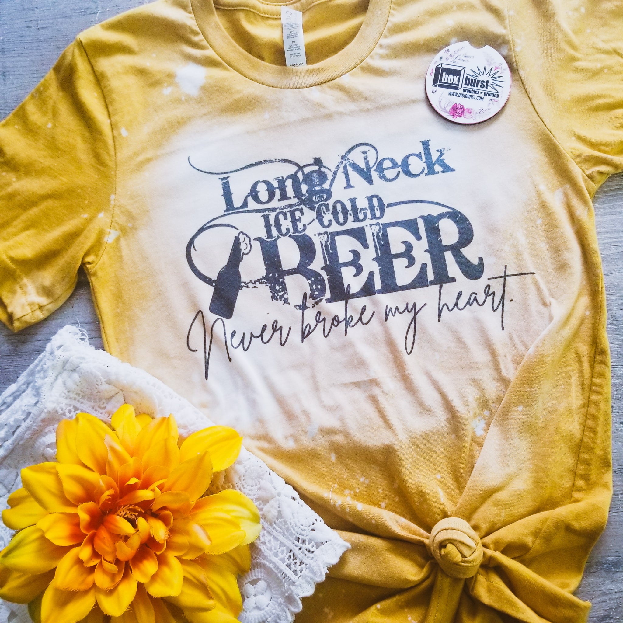 Beer never broke my heart bleached mustard bella canvas tee sublimation printing
