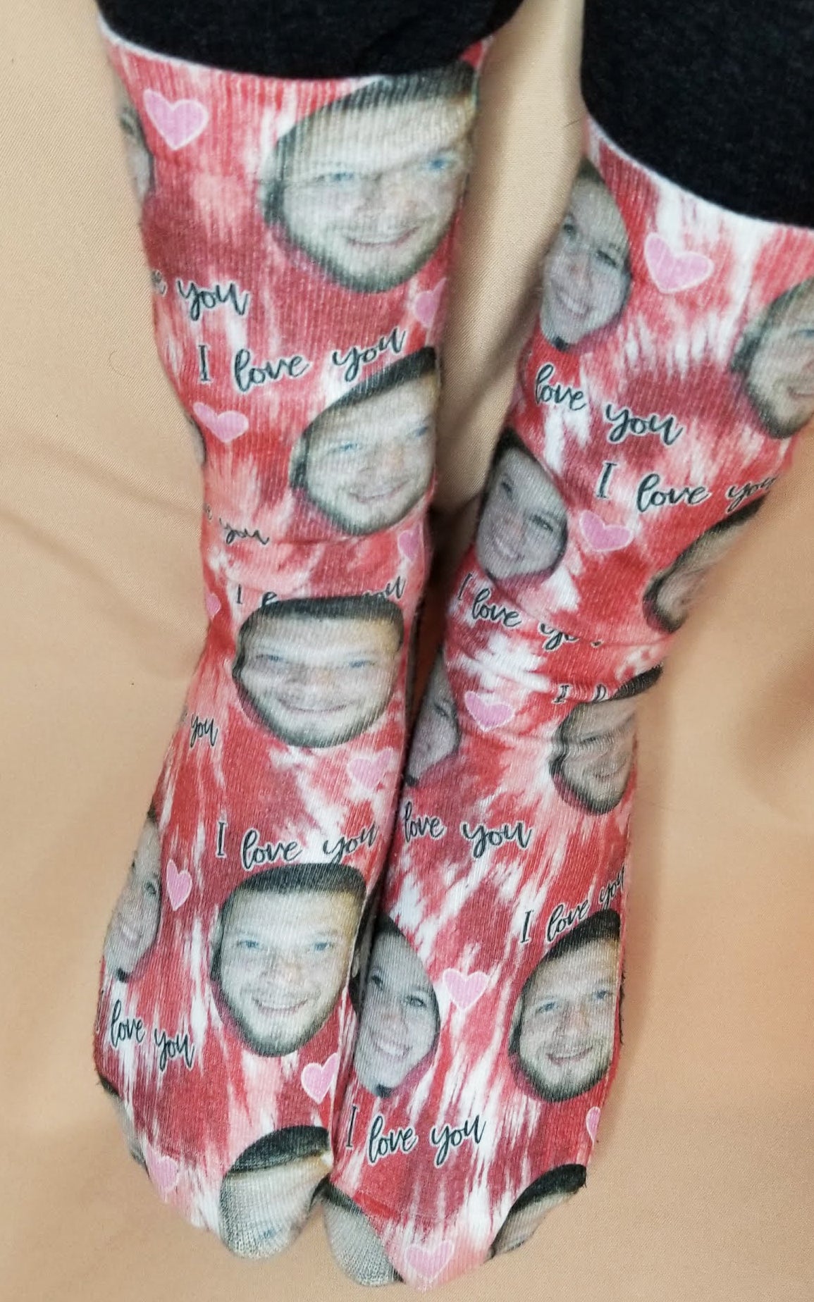 Valentine's Day Custom Photo Face Socks for Adults Red Tie Dye
