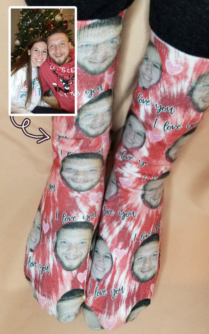 Valentine's Day Custom Photo Face Socks for Adults Red Tie Dye