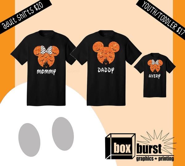 Family Disney inspired Minnie Mouse and Mickey Mouse Halloween Black shirts Orange Glitter