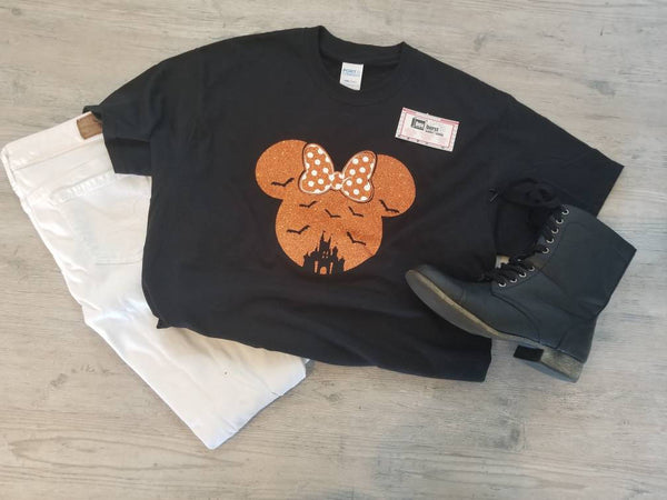 Family Disney inspired Minnie Mouse and Mickey Mouse Halloween Black shirts Orange Glitter