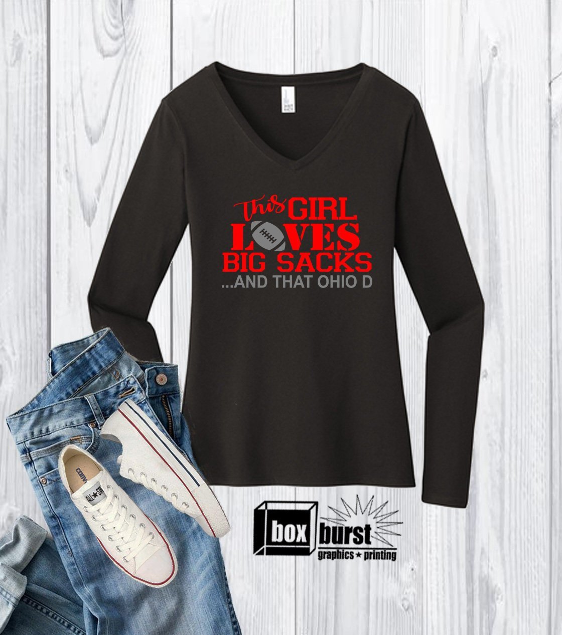 Long Sleeve, Fitting, Ohio state shirt this girl loves big sacks and that ohio D funny women's shirt