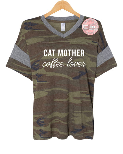 Cat Mother Coffee Lover Women's Jersey Powder Puff V-Neck Tee