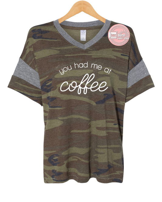 You had me at coffee Women's Jersey Powder Puff V-Neck Tee